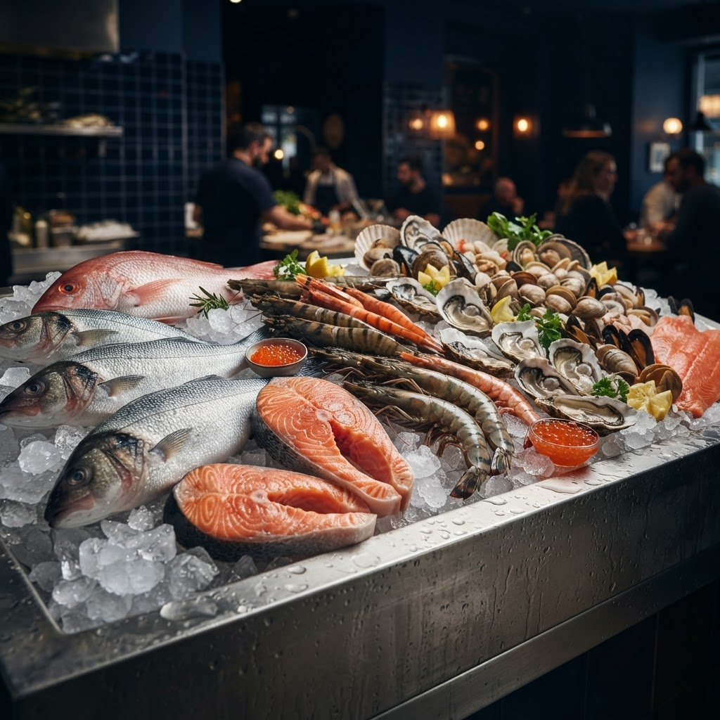 Seleção de peixes e frutos do mar frescos sobre o gelo na Pescados Oliveira